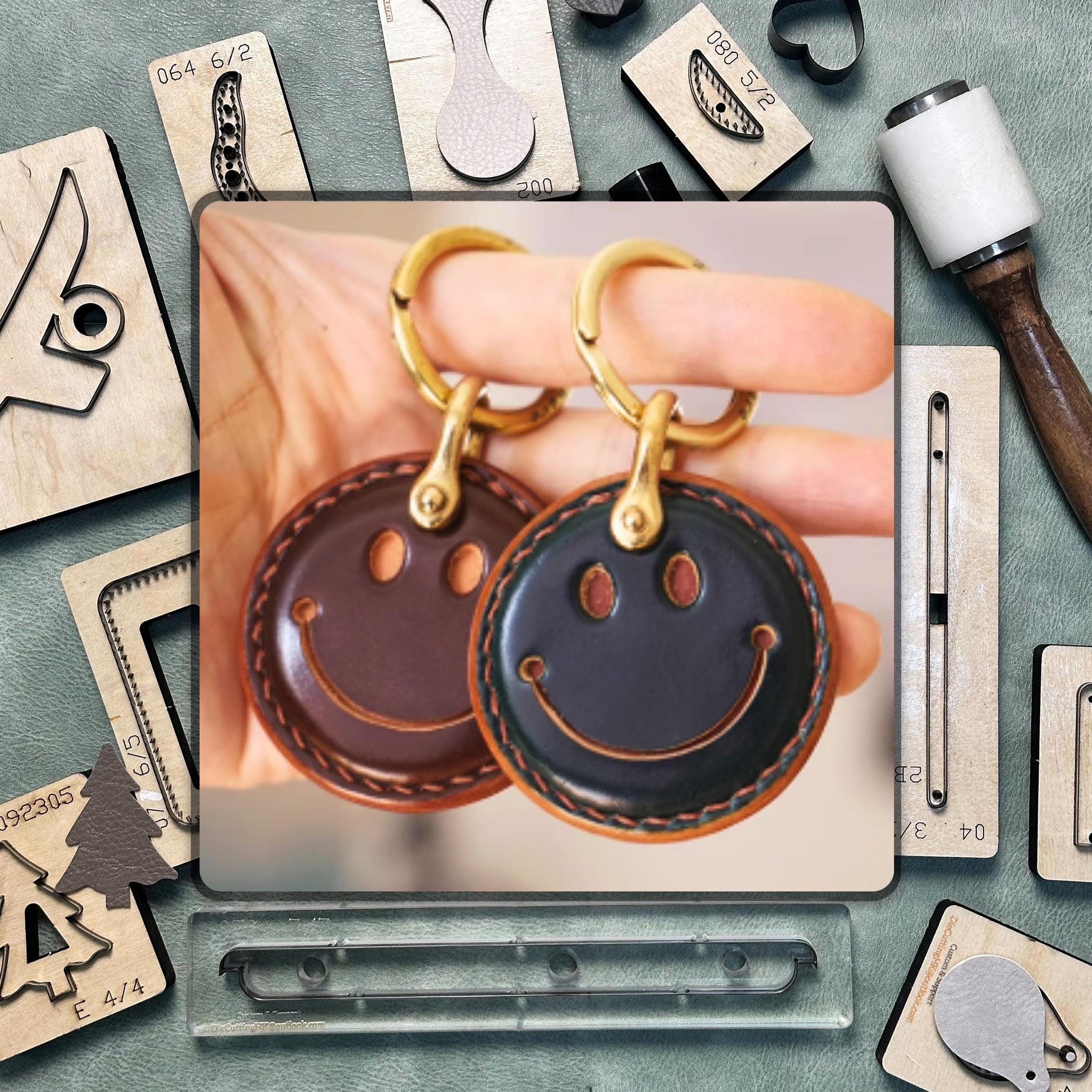 Smiley Face Round Keychain Leather Punch Tool/Handmade High Quality Steel Knife Metal Knife Die/Customized Leather Craft Cutting Kit
